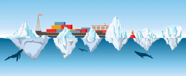 Arctic Scene with Diesel Ship in Ocean with Hidden Icebergs and Underwater Whales. Antarctic Research, Sea Logistics — 图库矢量图片