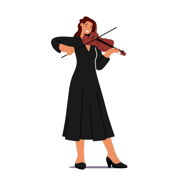 Músico femenino tocando el violín en escena. Chica en vestido largo con instrumento de cuerda realizar en el escenario con concierto de música — Vector de stock