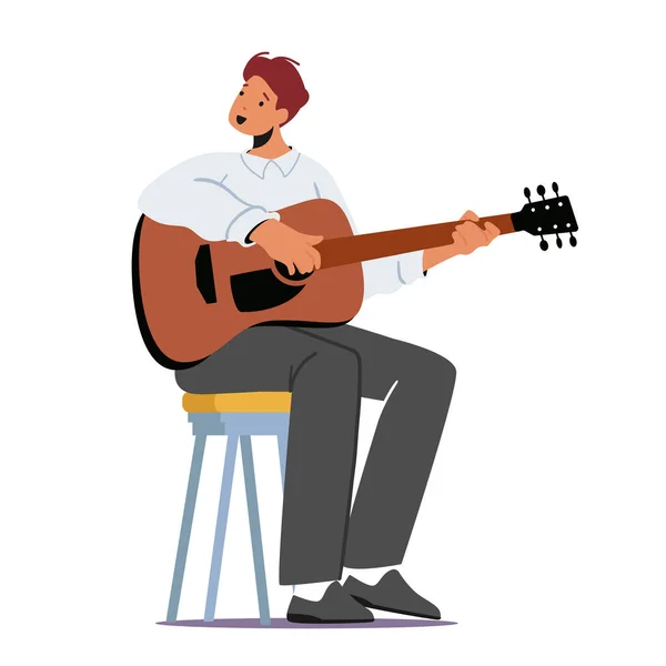 Man Playing Guitar on Scene. Musician with String Instrument Perform on Stage with Classical or Popular Music Concert — Stock Vector