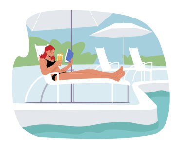 Genç Kadın Uzanıyor, İçiyor, Kokteyl İçiyor ve Şezlong Şezlongunun Altında Kitap Okuyor Havuz kenarında Dinleniyor