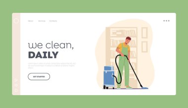 Temizlik Şirketi İniş Şablonu. Erkek Karakteri, Yıkama, Süpürme ve Temizleme Yeri Süpürme