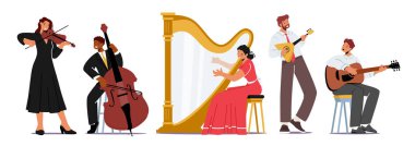 Klasik müzik konseri çalan senfoni orkestrası, arp çalan sicim enstrümanlı müzisyenler