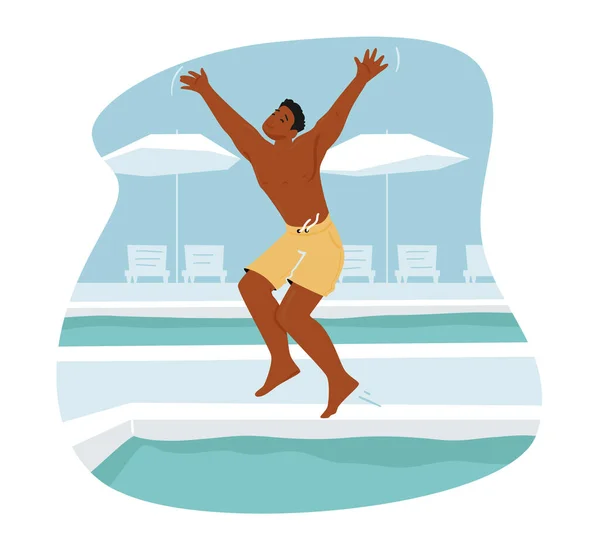 Junger Mann entspannt am Pool im Hotel oder auf der Jacht. Sommerurlaub, glückliche männliche Charaktere, die sich ausruhen, ins Wasser springen — Stockvektor