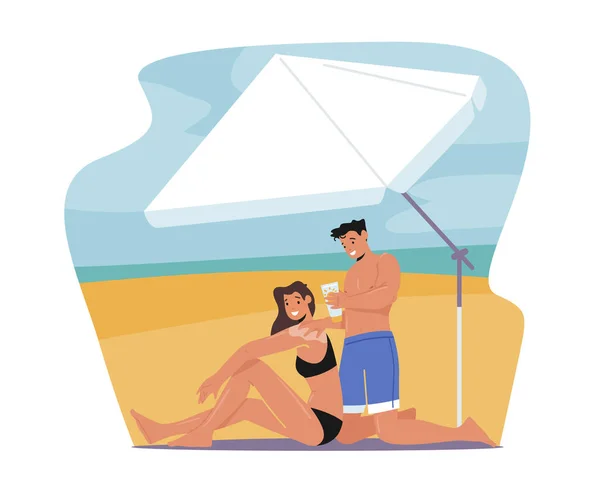 Vacances d'été, Rayons ultraviolets Danger pour la santé Défense, Bain de soleil. Les gens utilisent la protection solaire. Personnages sur la plage — Image vectorielle