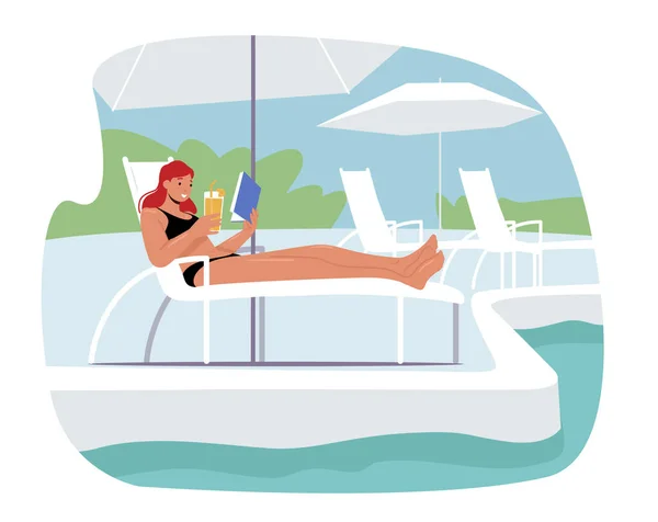 Jeune femme se prélasser, boire un cocktail et lire un livre sur le salon Chaise sous les rayons du soleil se détendre au bord de la piscine — Image vectorielle