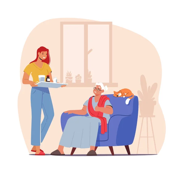 Elderly Caregiving Concept. Young Female Character Bringing Medicine to Old Woman. Help to Seniors during Pandemic — Stock Vector