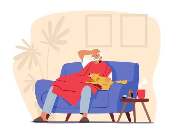 Älterer Mann mit Thermometer im Mund sitzt auf einem Sofa, das mit einer Decke bedeckt ist. Ildman misst Temperatur — Stockvektor