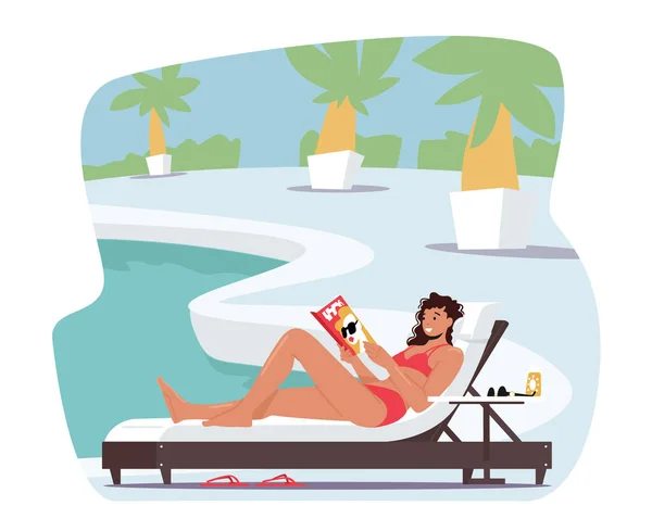 Mujer en bikini sentada en la silla de cubierta en la piscina o en la playa Lea el libro interesante. Personaje femenino Pasar tiempo al aire libre — Vector de stock