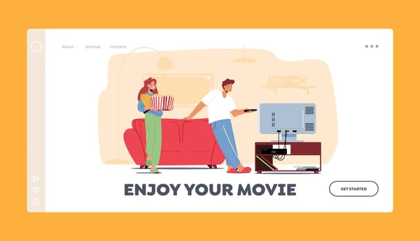 Cinema Lazer Landing Page Template. Casal jovem assistindo TV com pipoca em casa. Personagens Lazy Weekend Relaxe — Vetor de Stock