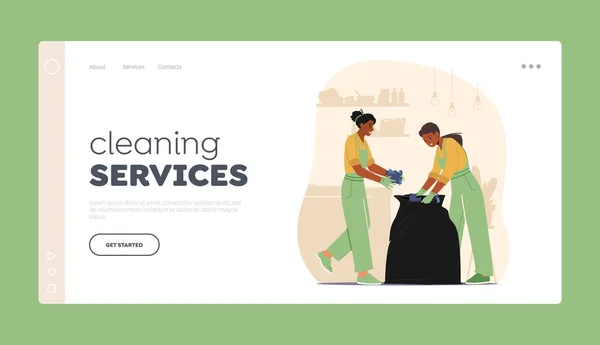 Καθαριστής Υπηρεσία Καθαριότητας Καθήκοντα Landing Page πρότυπο. Επιστάτες με στολή Συλλέξτε σκουπίδια σε πλαστικό σάκο καθαρισμού σπίτι — Διανυσματικό Αρχείο