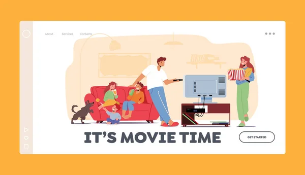 Filmtijd, Home Cinema Landing Page Template. Familie TV kijken met frisdrank en popcorn, kinderen en ouders Vrije tijd — Stockvector