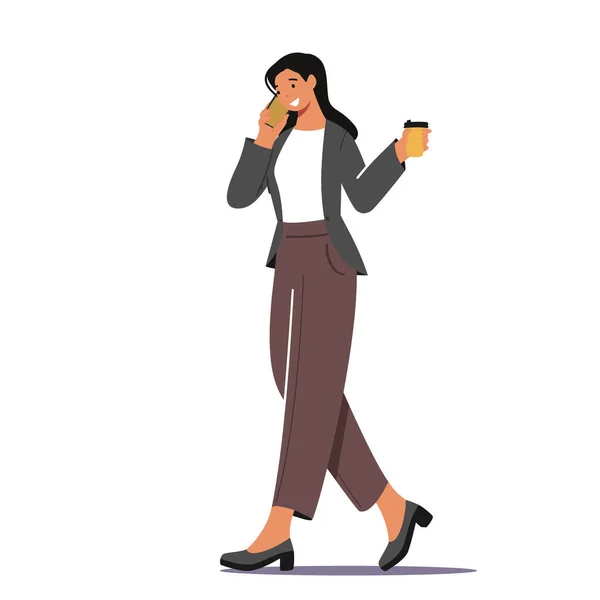Business Woman Morning Takeaway Drink Refreshment. Joven empresaria personaje en el desgaste formal beber café — Vector de stock