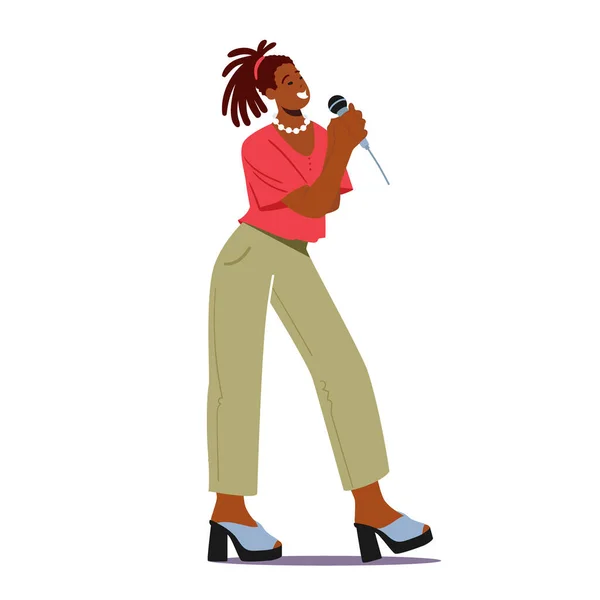 Super Star Singing Song. African Woman on Stage Performing Composition in Karaoke Bar. Artista Personajes femeninos Cantando — Vector de stock