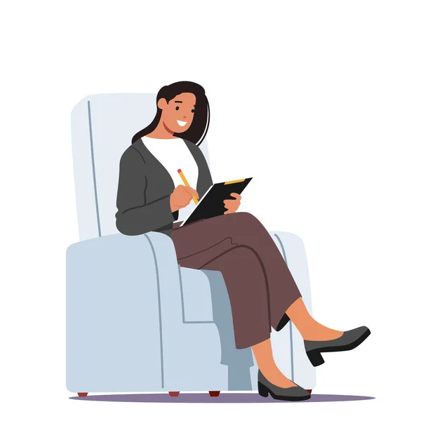 Επιχειρηματίας φορώντας επίσημη φθορά κάθεται σε πολυθρόνα έγγραφο χαρτί γραφής, Διαβάστε αιτών Cv, Συνέντευξη Συμπεριφοράς — Διανυσματικό Αρχείο