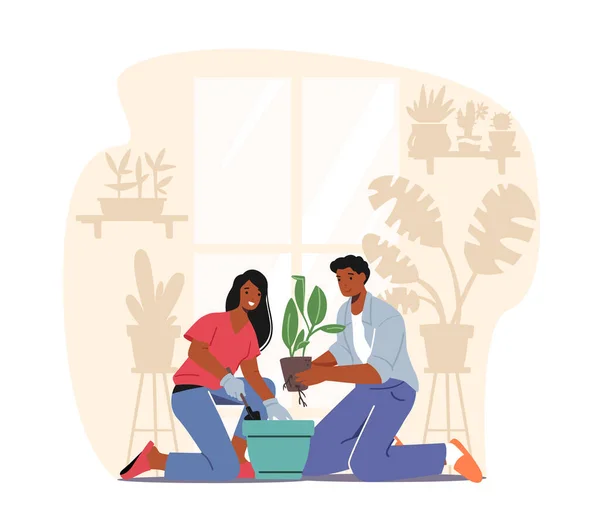 Felice coppia prendersi cura di piante domestiche. Personaggi maschili e femminili Piante da giardino in crescita — Vettoriale Stock