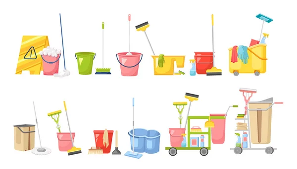Set de Equipo de Servicio de Limpieza, Suministros para Lavadero. Carro de conserje con herramientas de limpieza y limpieza — Vector de stock