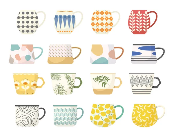 Set of Tea or Coffee Cups. Mugs with Trendy Ornaments Flowers, Polka Dots, Plant and Palm Leaf Branches and Patterns — Stock Vector