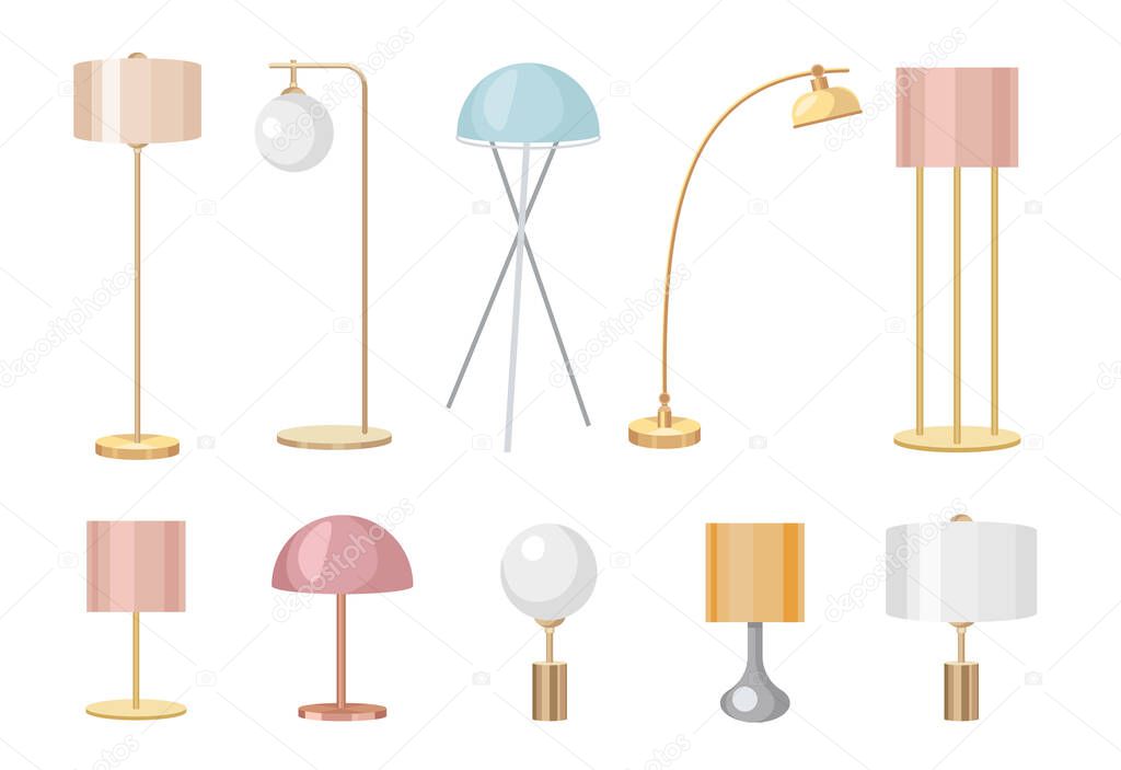 Set of Table Work Lamps, Desk Bulbs and Floor Torcheres of Modern Design with Shades. Electric Supplies for Home Decor and Room Illumination Isolated on White Background. Cartoon Vector Illustration