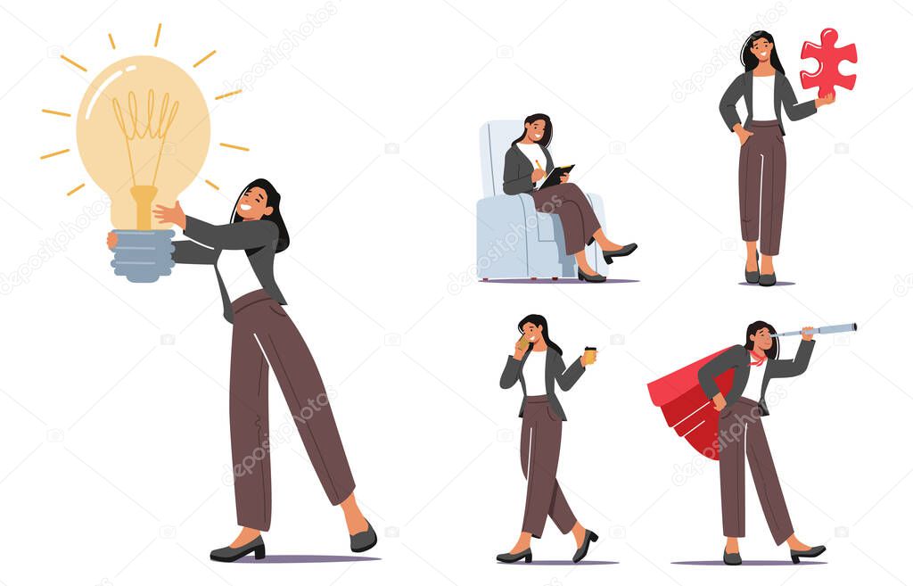 Set Businesswoman Character Daily Routine Speaking by Smartphone, Develop Creative Idea, Teamwork Cooperation