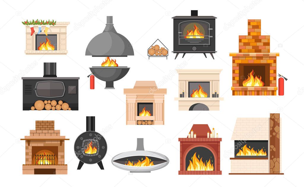 Set of Traditional and Modern Fireplaces, Indoor Heating Stoves, Chimneys with Burning Fire and Logs. Home Fireside, Heating System Design Isolated on White Background. Cartoon Vector Illustration