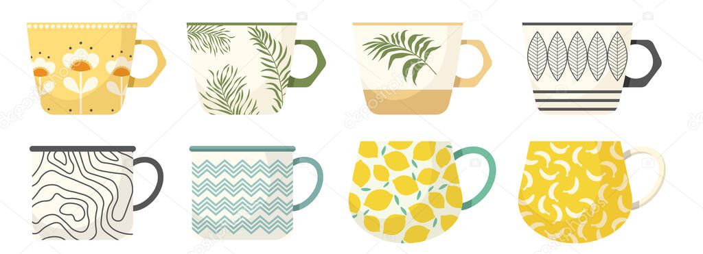 Set of Tea or Coffee Cups Side View. Ceramic Crockery, Various Mugs with Trendy Ornament Palm Leaves, Lemon and Banana Fruits, Flowers, Abstract Lines and Zig-Zag Patterns. Cartoon Vector Illustration