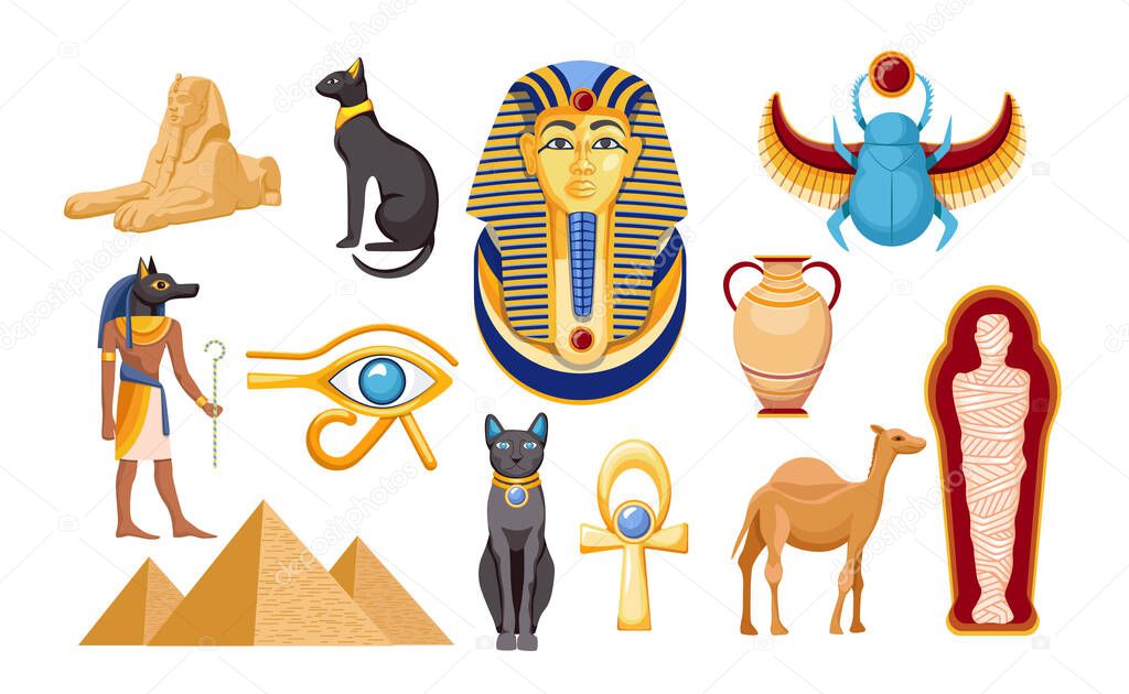 Set of Ancient Egypt Religious Symbols and Landmarks. Sphinx, Scarab and Camel, Mummy, Eye of Providence, Egyptian Icons