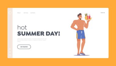 Sıcak Yaz Günü İniş Şablonu. Erkek Karakter Terlik Giyer ve Yüzme Şortu Şişe Tutma Tepsisi