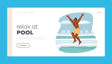 Havuz İniş Sayfası Şablonu 'nda rahatla. Havuz kenarında dinlenen genç adam tatilde, Mutlu Erkek Karakteri suya atlıyor
