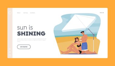 Yaz Tatili İniş Şablonu. Ultraviyole ışınları sağlık için tehlike arz ediyor, güneş banyosu. İnsanlar Güneş Koruması Kullanıyor