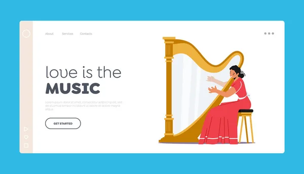 Žena vystupovat na pódiu s harfou Hraní klasické hudby Landing Page Template. Koncert ženské postavy — Stockový vektor