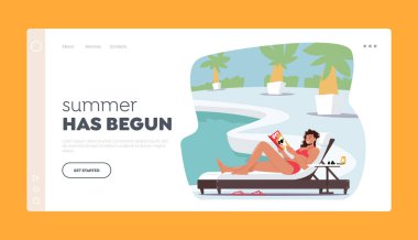 Yaz Saati İniş Şablonu. Bikini 'de Havuz Kenarı Okuma Kitabı' nda oturan kadın. Egzotik Tatil Zamanı