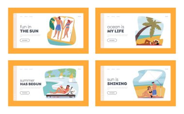 Karakterler Sahil İniş Şablonu 'nda Güneş Koruması Kullanırlar. Güneş kremli Tropikal Resort 'ta Erkek veya Kadın Bronzlaşması