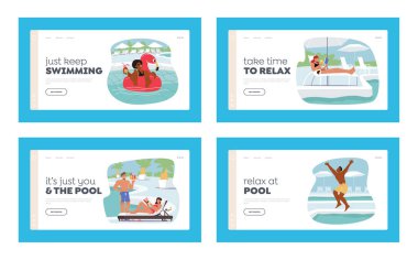 Karakterler Havuz Kenarı İniş Şablonu Ayarında Gevşer. Kadınlar Şişme Yüzükle Yüzer, Şezlongda Bronzlaşır