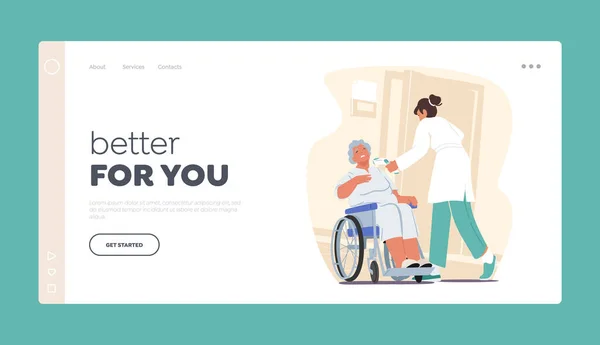 Senior Charakter leidet an Fieber Landing Page Template. Krankenschwester misst Temperatur, damit ältere Frau im Rollstuhl sitzt — Stockvektor