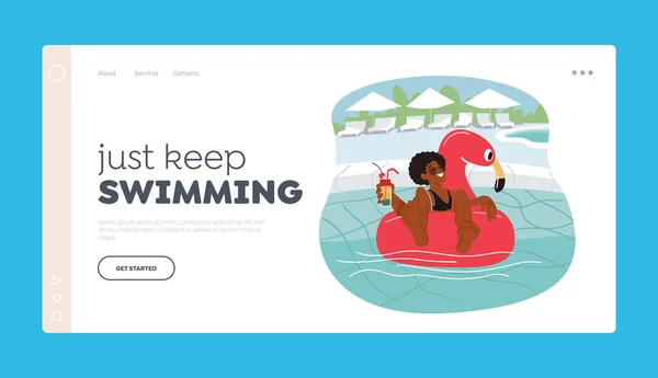 Summertime Leisure, Vacation Landing Page Template. Ženská postava relaxovat u bazénu plovoucí na nafukovací kruh — Stockový vektor