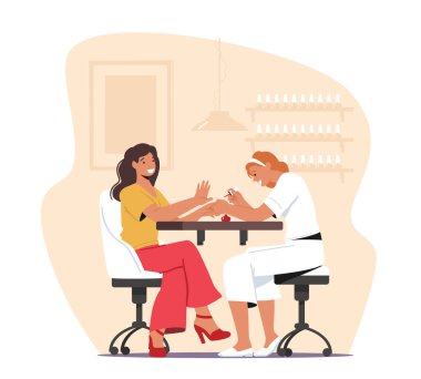 Güzellik salonunu ziyaret eden kadın. Usta Karakter Stüdyoda Kızlara Manikür Prosedürü. Grooming Place veya Club