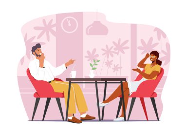 Kadın ve erkek kahve evinde sohbet ediyorlar. İnsanlar Kafe 'yi ziyaret eder Lokantadaki Masa İçecekleri' nde otururlar