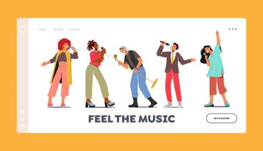 Music Landing Page Şablonunu hisset. Karaoke kulübünde şarkı söyleyen insanlar. Erkek ya da Kadın Karakterler Mikrofonla Şarkı Söyler