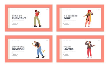 Karaoke Kulübü Konsept İniş Şablonu 'nda Şarkı Söyleyen İnsanlar. Erkek ve Kadın Karakterler Mikrofonla Şarkı Söylüyor