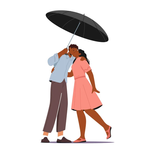 Een paar in Love Concept. Liefdevolle man en vrouw daten. Gelukkig paar knuffelen, handen vasthouden, kussen Wandelen onder paraplu — Stockvector