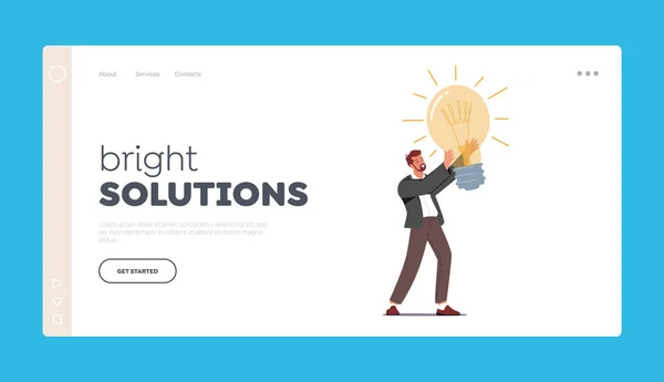 Bright Solutions, Creative Idea Landing Page Template. Персонаж бизнесмена держит огромную лампочку с большим вдохновением — стоковый вектор