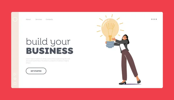 Bouw uw Business Landing Page Template. Klein vrouwelijk karakter met enorme gloeiende gloeilamp in handen. Zakenvrouw Inzicht — Stockvector