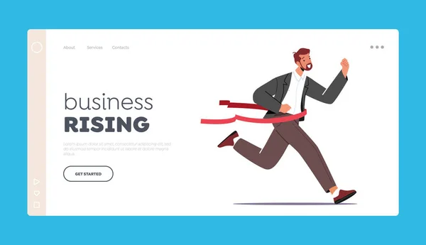 Business Rising Landing Page Vorlage. Fröhlicher Geschäftsmann im Anzug überquert Ziellinie der Rennstrecke. Karriereerfolg — Stockvektor