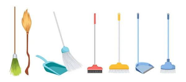 Set med ikoner Broom, Scoop och borstar med långa handtag hushållsplast verktyg isolerad på vit bakgrund — Stock vektor