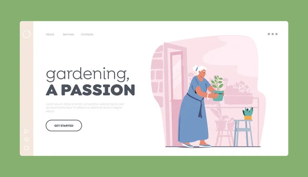 Tuinieren Passion Landing Page Template. Senior vrouw tuinieren Hobby. Leeftijd vrouwelijke karakter Zorg voor Home Planten — Stockvector