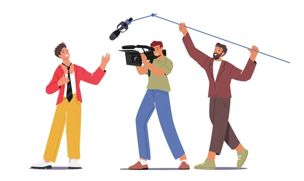 Kamera med kamera och besättning innehav mikrofon inspelning intervju med manliga tecken. Journalisttjänst — Stock vektor