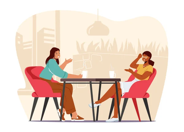 Chicas guapas jóvenes sentadas en el café charlando, contándose chismes y noticias, reuniones de novias y tiempo libre — Vector de stock