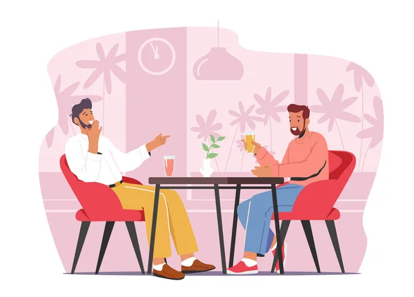 Setkání přátel v Cafe. Postavy sedí v moderní restaurace chatování, pití nápojů, směje se během přestávky na kávu — Stockový vektor
