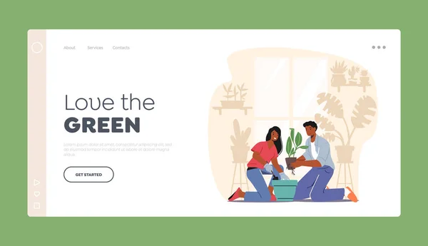 Ik hou van de Green Landing Page Template. Gelukkige paar verzorgen van Home Plants. Personages Genieten van Groeiende Woonplanten — Stockvector