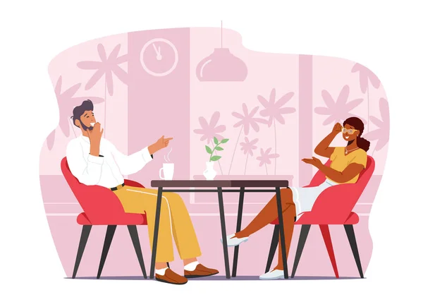 Pareja de hombres y mujeres conversando en Coffee House. La gente visita Café Siéntate en la mesa Beber bebidas en el restaurante — Vector de stock